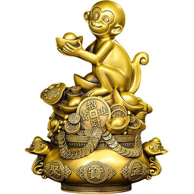 Aris & Juno Brass Monkey with Treasure Bowl Feng Shui Statue – Chinese Wealth & Good Luck Figurine for Entryway, Home Office Desk or Shelf Decor,