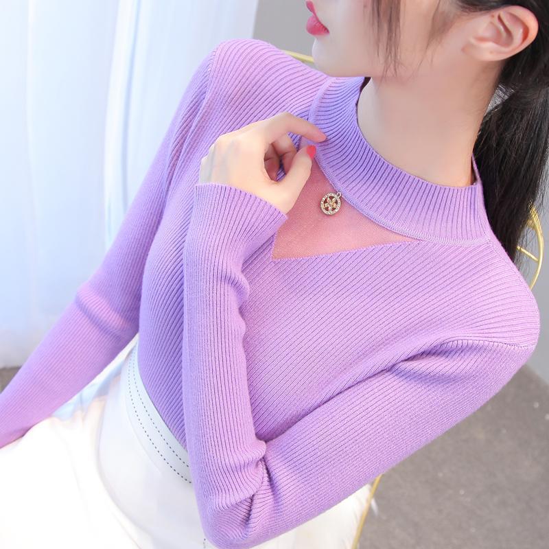 Autumn/winter Women's Knitted Bottoming Shirt Half Turtleneck Mesh Cutout Sweater Slim Knit Sweater Pullover Jumper Top