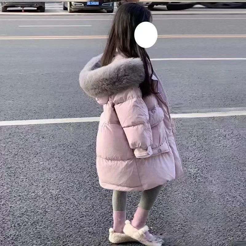 Winter Girls Jacket Long Solid Color Thick Warm Big Fur Collar Hooded Zipper Coat Teen Kids Parka
