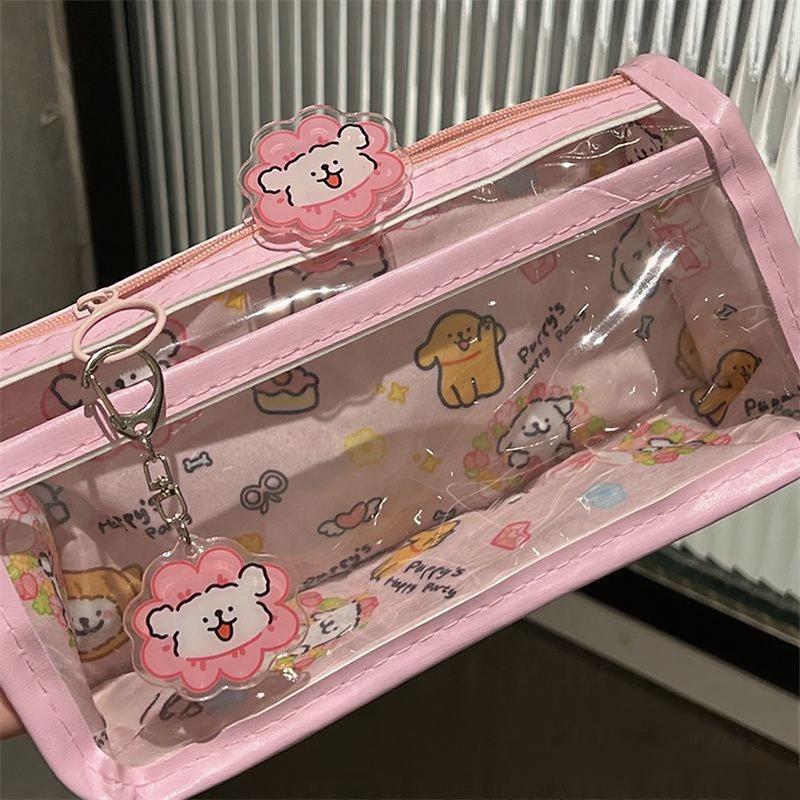 Swimming Line Puppy Double-layer Pencil Case Transparent Love Wind Double-layer Large-capacity Student Stationery Storage Pencil Case