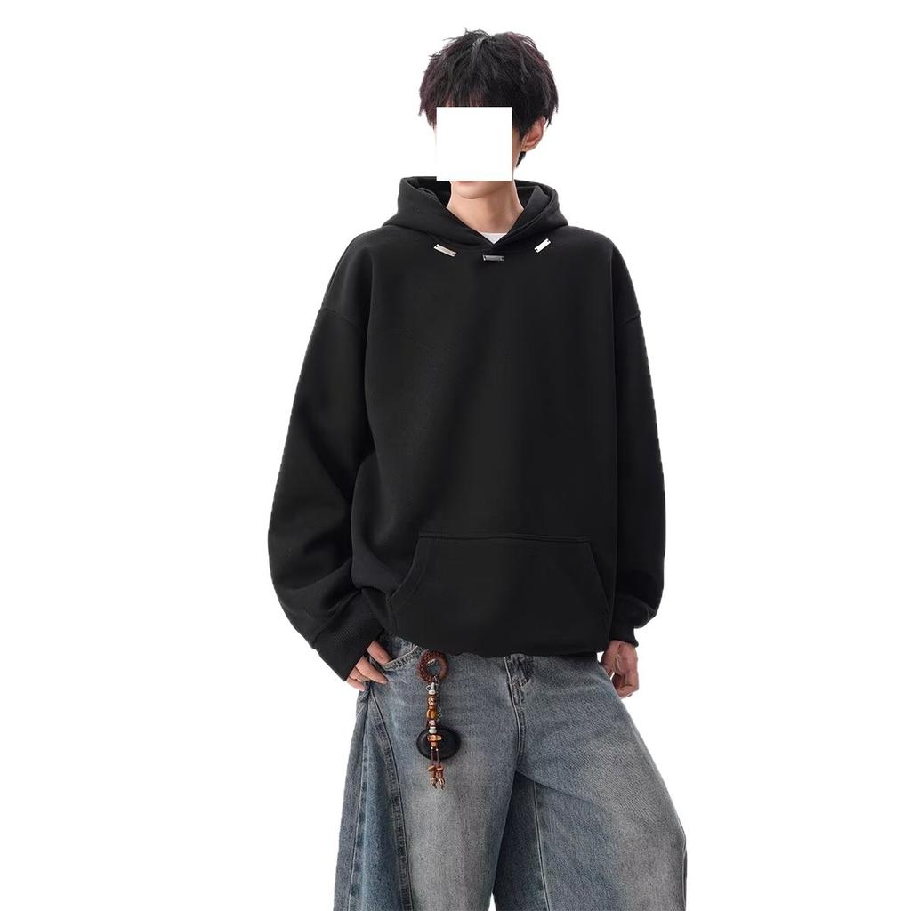 American Heavy Black Hooded Sweater Men's Tide Autumn and Winter New Loose Casual Fleece Thickened Hoodie Jacket