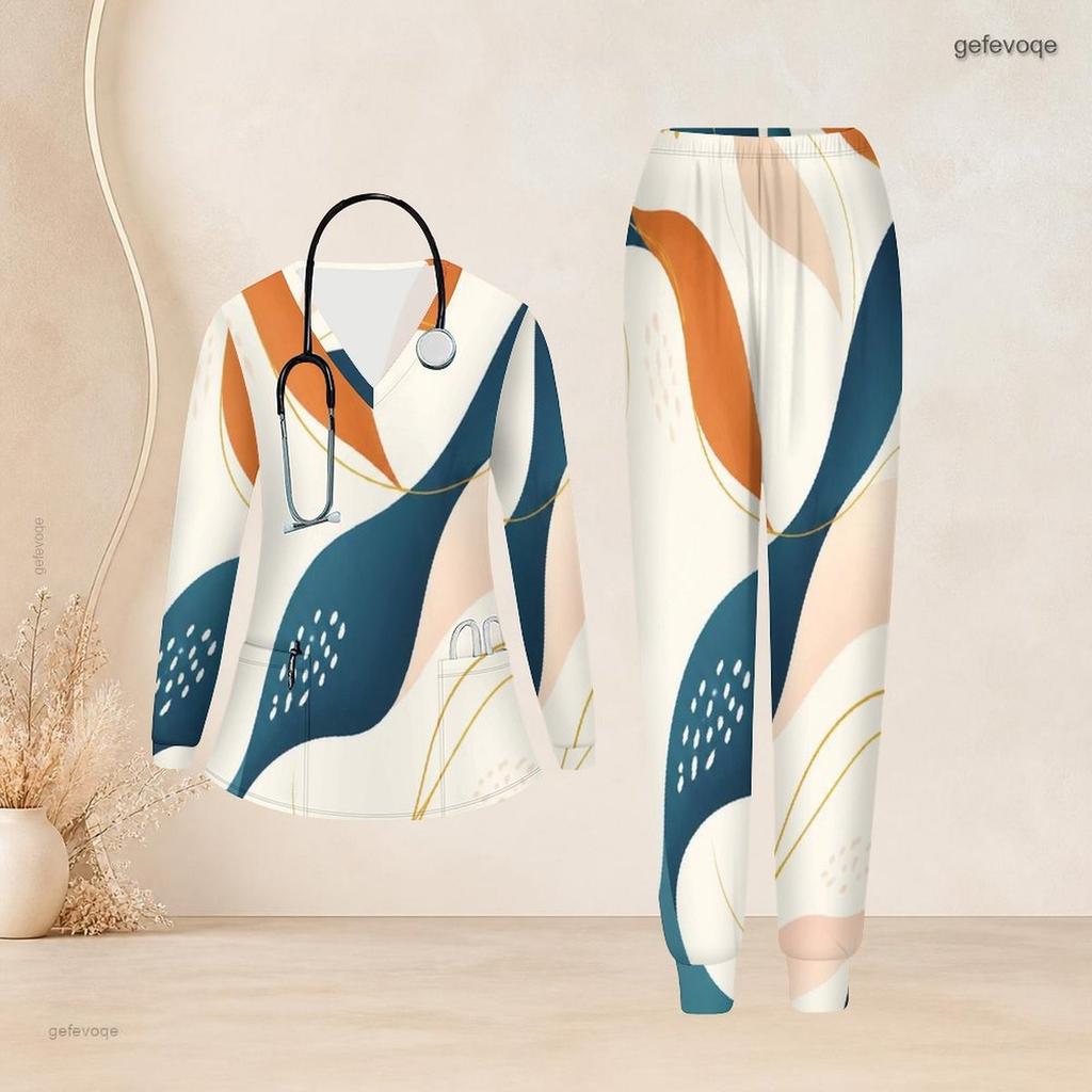 Women Plus Size Printed Nurse Scrub Set V Neck Long Sleeve Pocket Top And Long Pants