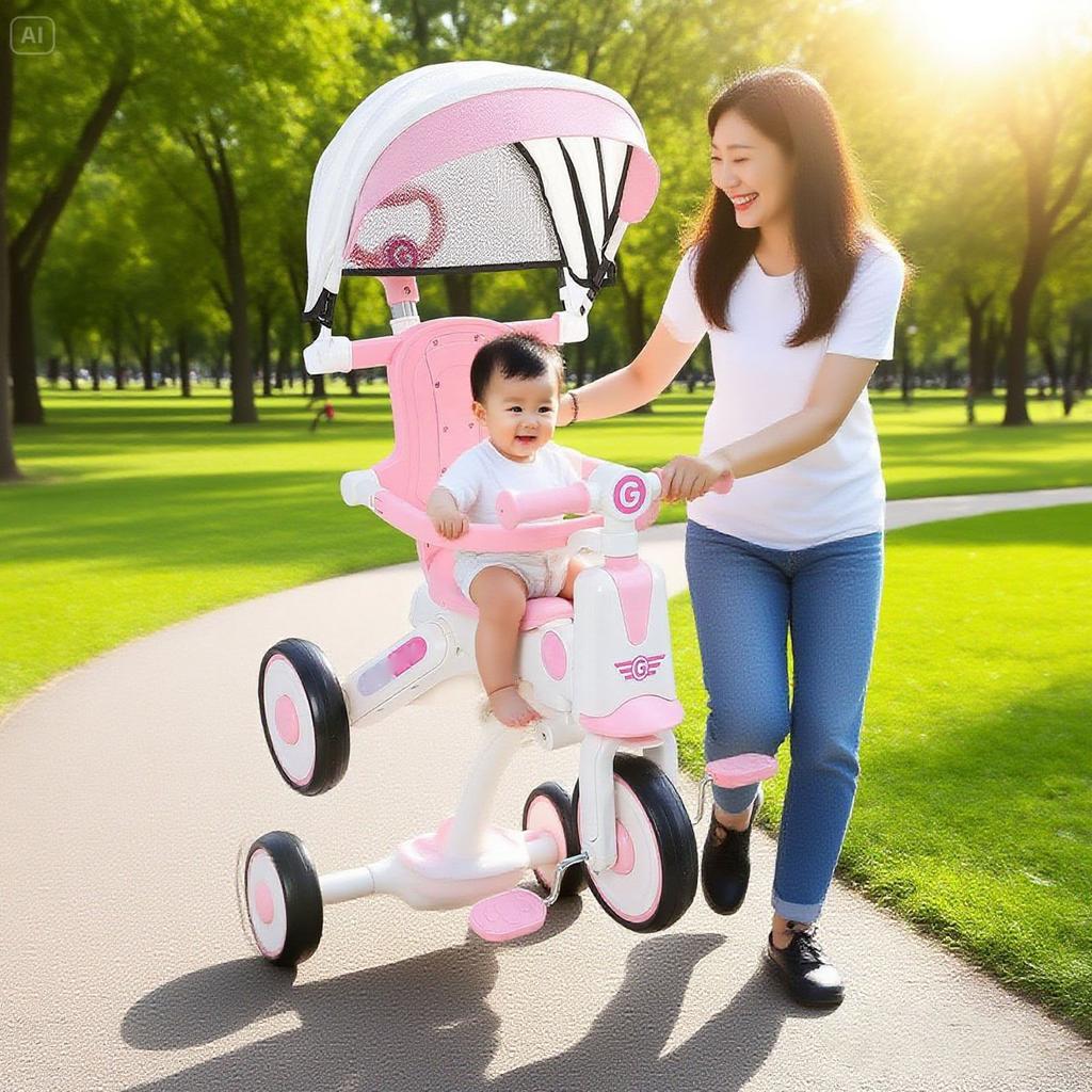 Baby Tricycle with   Parents Push Handle Music Light Folding Canopy Toddler Kids Trike for 18 Month to 5 Years Boys Girls