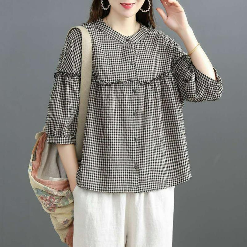 Imitation Cotton and Linen Shirt Women's Three-quarter Sleeve Loose Casual Large Size All-match Shirt Stand-up Collar Top