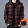 Men Fall Winter Jacket Color Matching Plaid Print Knitted Hooded Zipper Closure