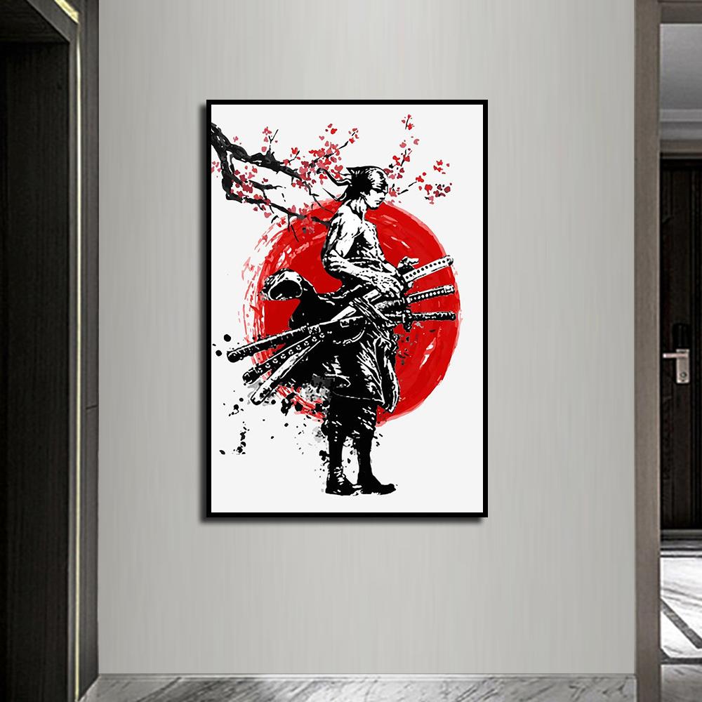 Black and White Japanese Black Samurai Man with Crow Posters and Print Wall Art Canvas Painting for Living Room Cuadros Decor 60 X 40 Cm