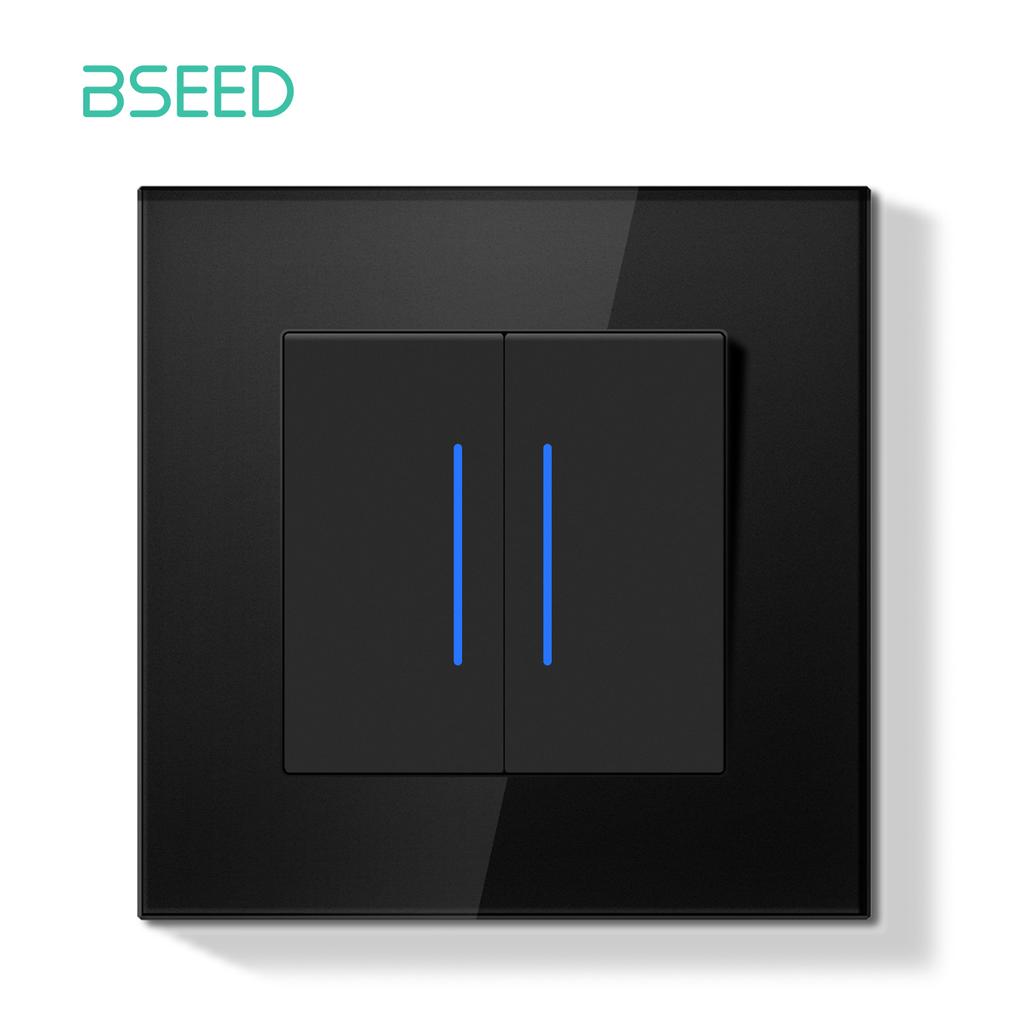 BSEED 1/2Gang Wall Light Switch Mechanical Double Button Switch 1Way With LED EU Sockets USB 20W Type-c Power Ports Glass Panels