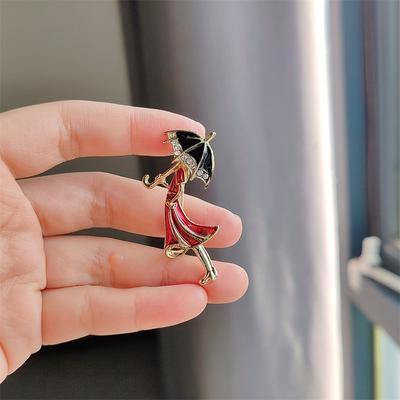 Girl In Red Romantic Brooch Walking In The Rain Versatile Pin Brooch Cardigan Coat Brooch Collar Pin Gift Accessories