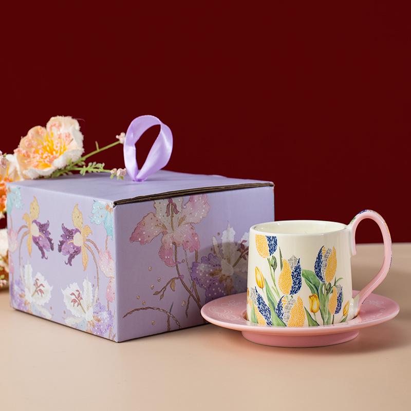 French-Inspired Tulip Tea & Coffee Ceramic Cup and Saucer Gift Set