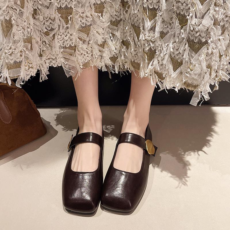 2025 Spring Soft Leather Metal Buckle Small Square Head Retro Flat Heel Single Shoes One-word Buckle Mary Jane Shoes Women's Shoes Flat Shoes