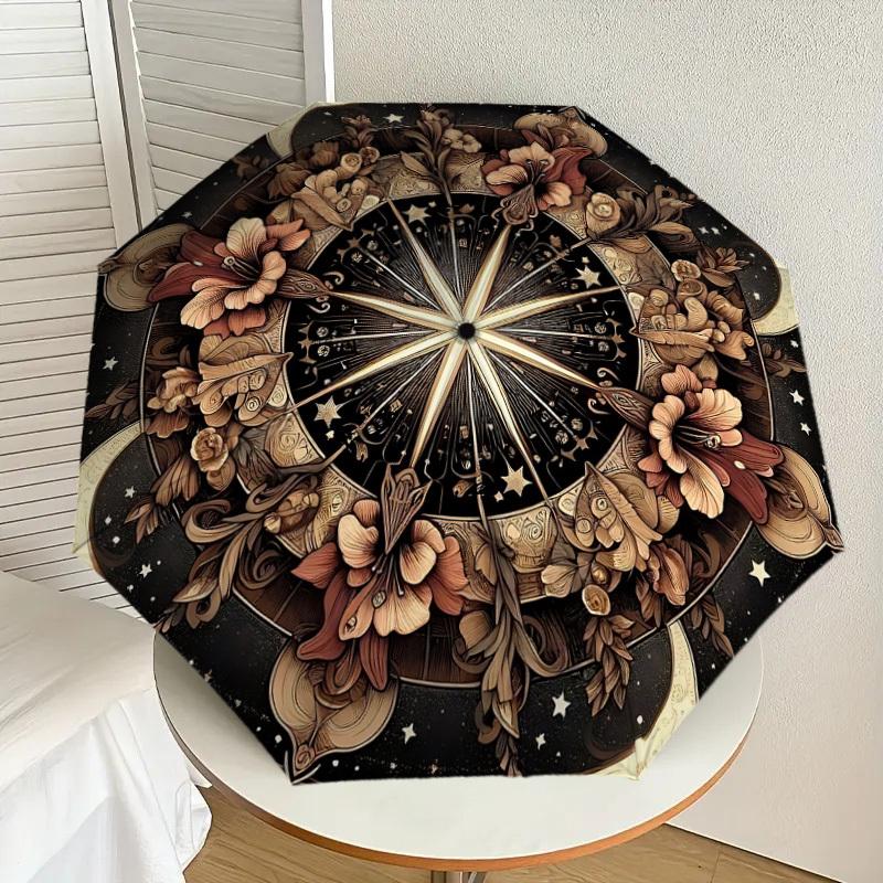 1PC Floral CompassAutomatic Open/Close Umbrella with Windproof, 8-Rib Sturdy Canopy, Durable Ribs, Fashionable Design, Outdoor Accessory, Fun Prin, Ho