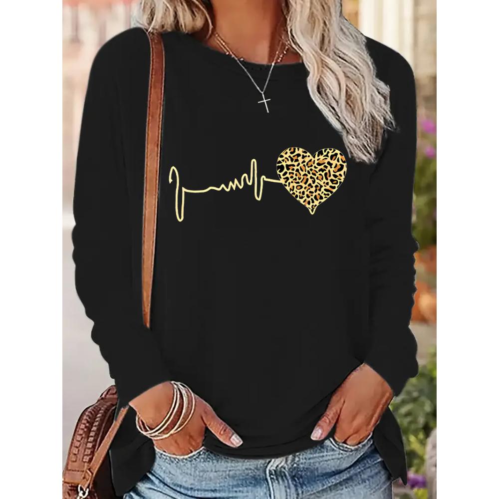Leopard Heartbeat Printed Long Sleeve Shirt Funny Gothic T Shirt Women s Print T-Shirt Crew Neck Top Tee Tshirt Casual XL