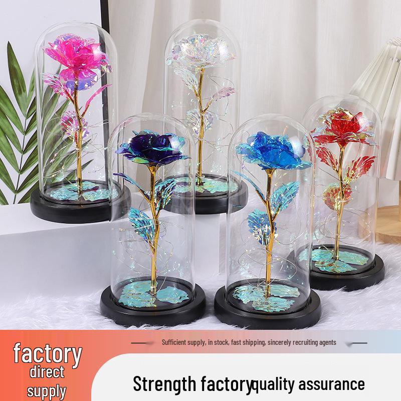 Gold Foil Everlasting Rose Glass Lampshade - Christmas, Qixi, Valentine s Gift Glass cover + Black plastic base + Warm light синий