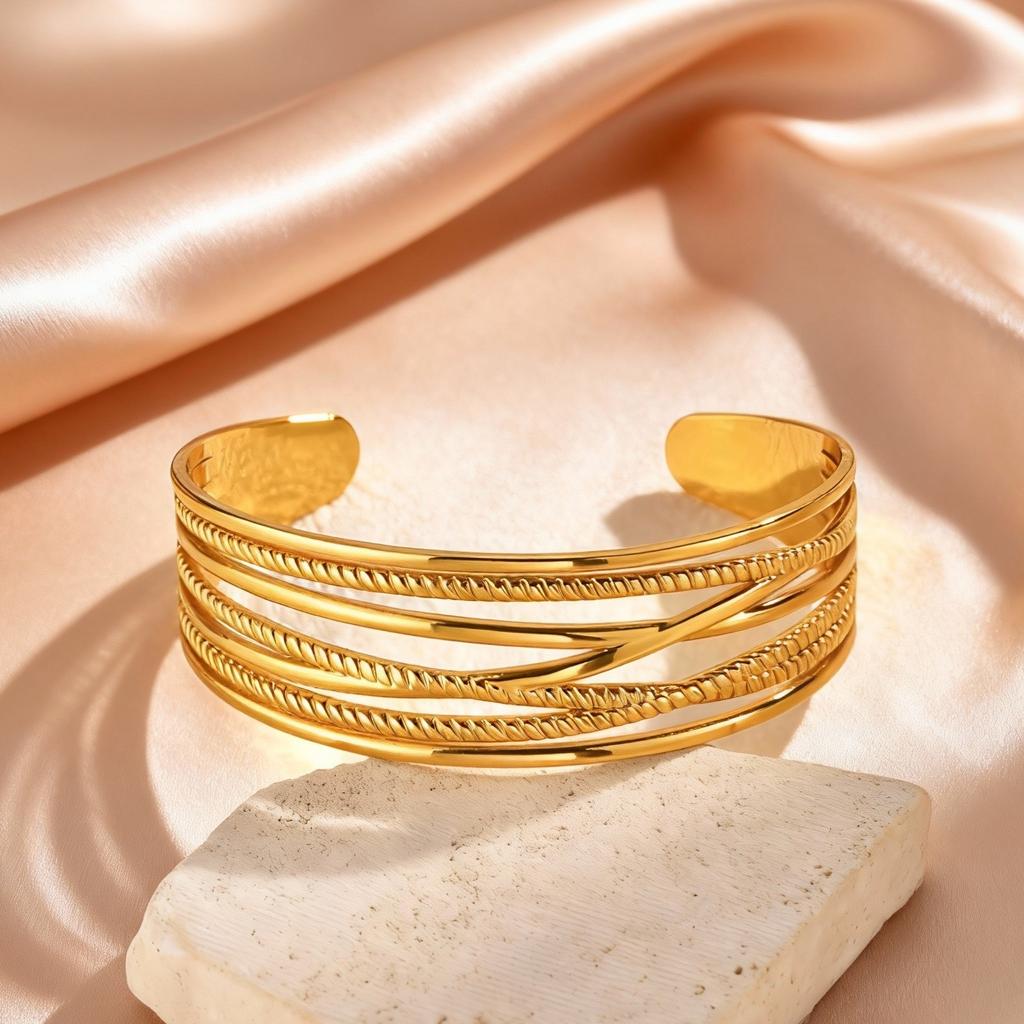 Multi-layer Lines Stainless Steel Wide Cuff Bangle for Women, Non Fading Gold Plated Open Bracelets, Waterproof Jewelry