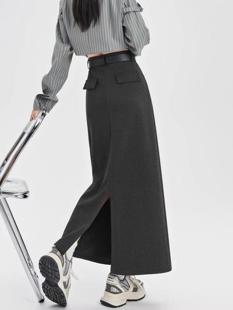 Премиальная серая шерстяная юбка-трапеция с высокой талией для женщин - Осенняя, средней длины, облегающая бедра XS