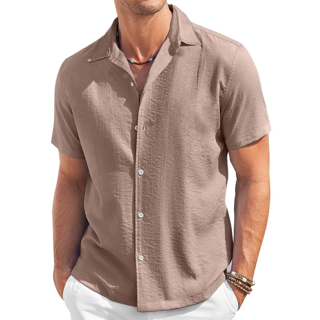 Men's Fashion Collar Solid Color Short Sleeved Cotton Linen Shirt Button Casual Shirt Top