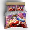 3Pcs Watercolor Kimono Girl Bedding Set, Elegant Geisha with Cherry Blossoms Print Duvet Cover, Oriental Style