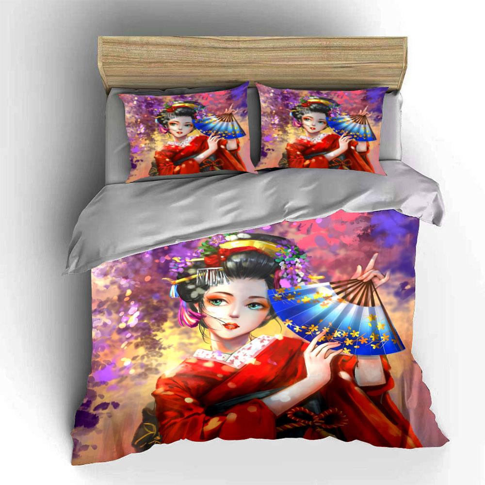 3Pcs Watercolor Kimono Girl Bedding Set, Elegant Geisha with Cherry Blossoms Print Duvet Cover, Oriental Style