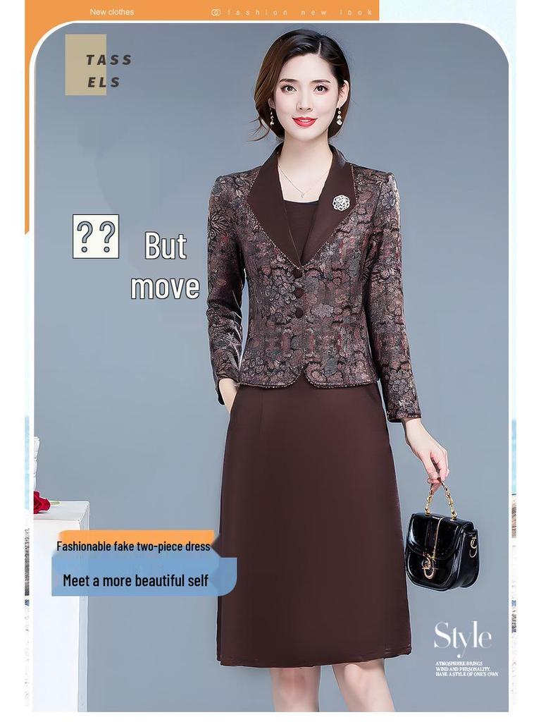 2026 Spring Slimming Temperament Dress: Mid-Length Two-Piece Style with Age-Reducing Print for Women