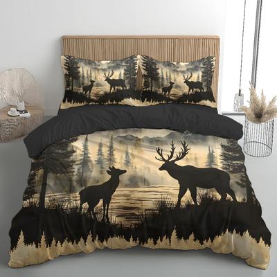 3d Deer by Lake Forest Pattern Duvet Cover Set Fantasy Themed Woven Polyester Bedding with 1 Duvet Cover+ 2 Pillowcases