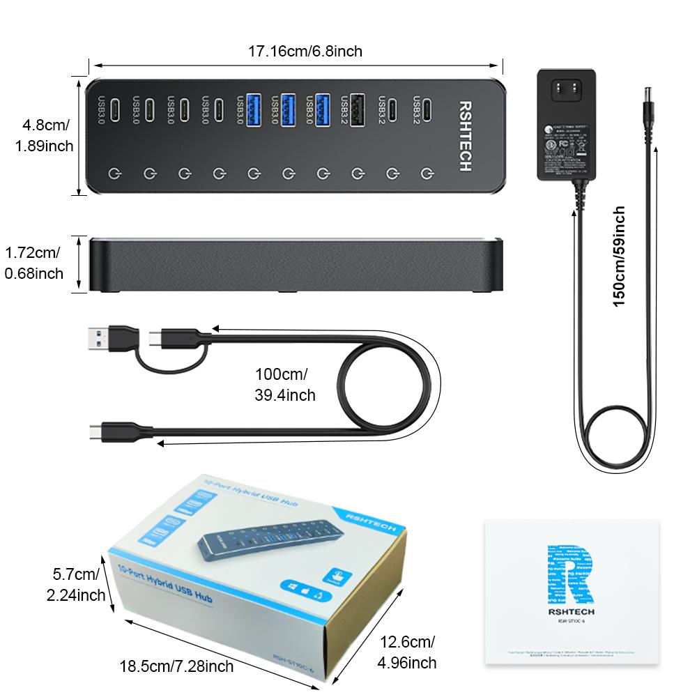 RSHTECH Usb C Hub 2024 5/10Gbps High Speed Data Transmission 10 In 1 Multi-port Usb Hub for Laptop Mac