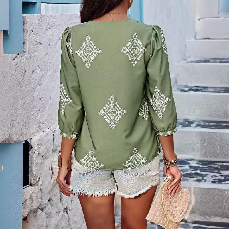 Summer New Fashion Printed V-neck Loose Blouse Women Seven Quarter Sleeve Casual Women's Shirts Tops Vintage Simple Slim Fit Female Blouses 26426