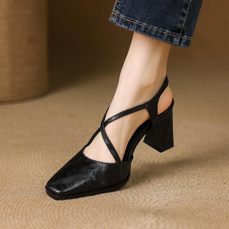 Fashion 2025 New Size 34-40 Women Vintage Sandals Real Leather Retro Square Tor High Heels Summer Shoes Slingback T-Strap Office Daily