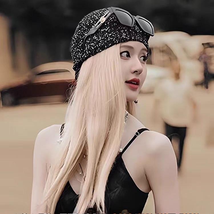 Korean Cold Hat Autumn and Winter Small Fragrance Style Sequin Knitted Hat Showing Face Small Fashionable Bag Head Hat