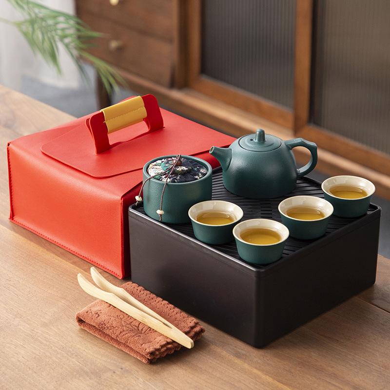 Japanese-style black pottery outdoor portable travel tea set, beam pot, dry tea tray, business company gift