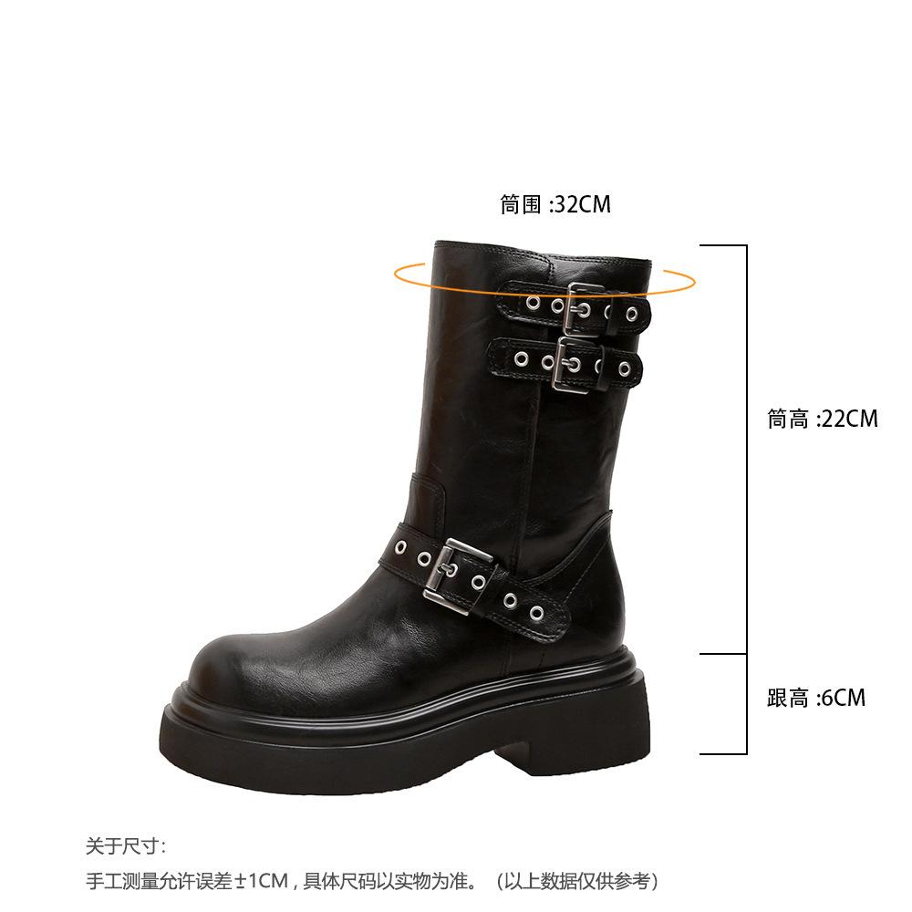 Maillard platform boots women's European and American style knight boots metal buckle round head black leather medium boots