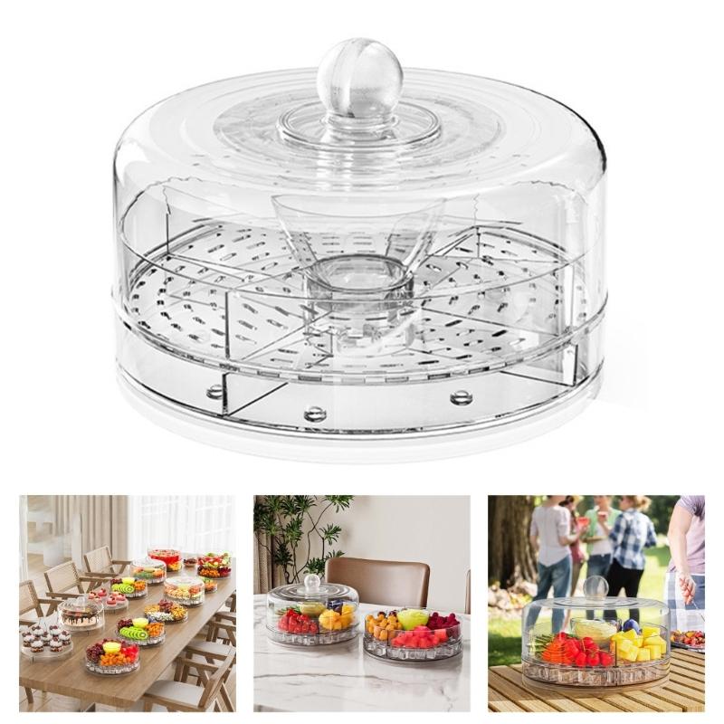 Clear 4 Section Rotating Cold Storage Tray for Parties Snacks Veggies Ideal for Outdoor Gatherings Barbecues Storage