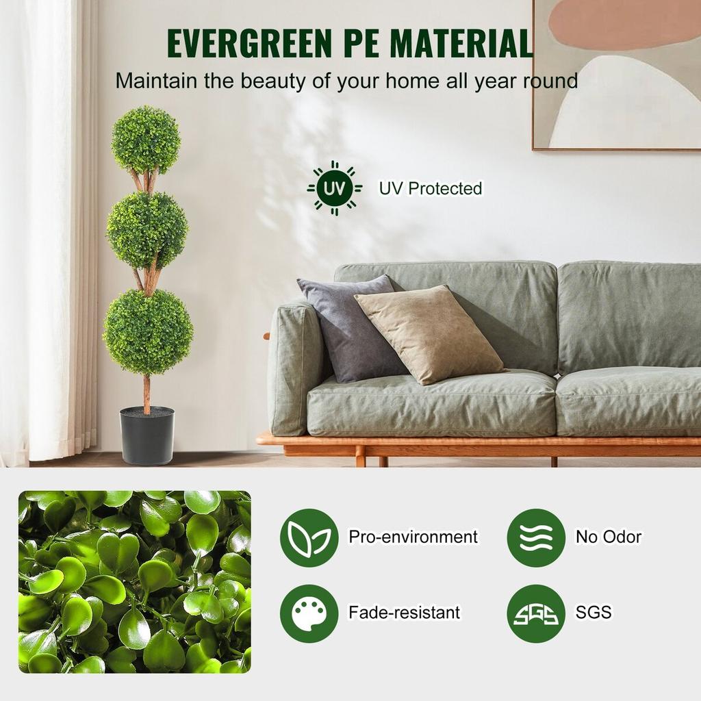 Artificial Topiaries Boxwood Trees, 48 inch Tall (2 Pieces), 3 Ball-Shape Faux Topiaries Plant with Planters, Green Feaux Plant w/ Replaceable Leaves