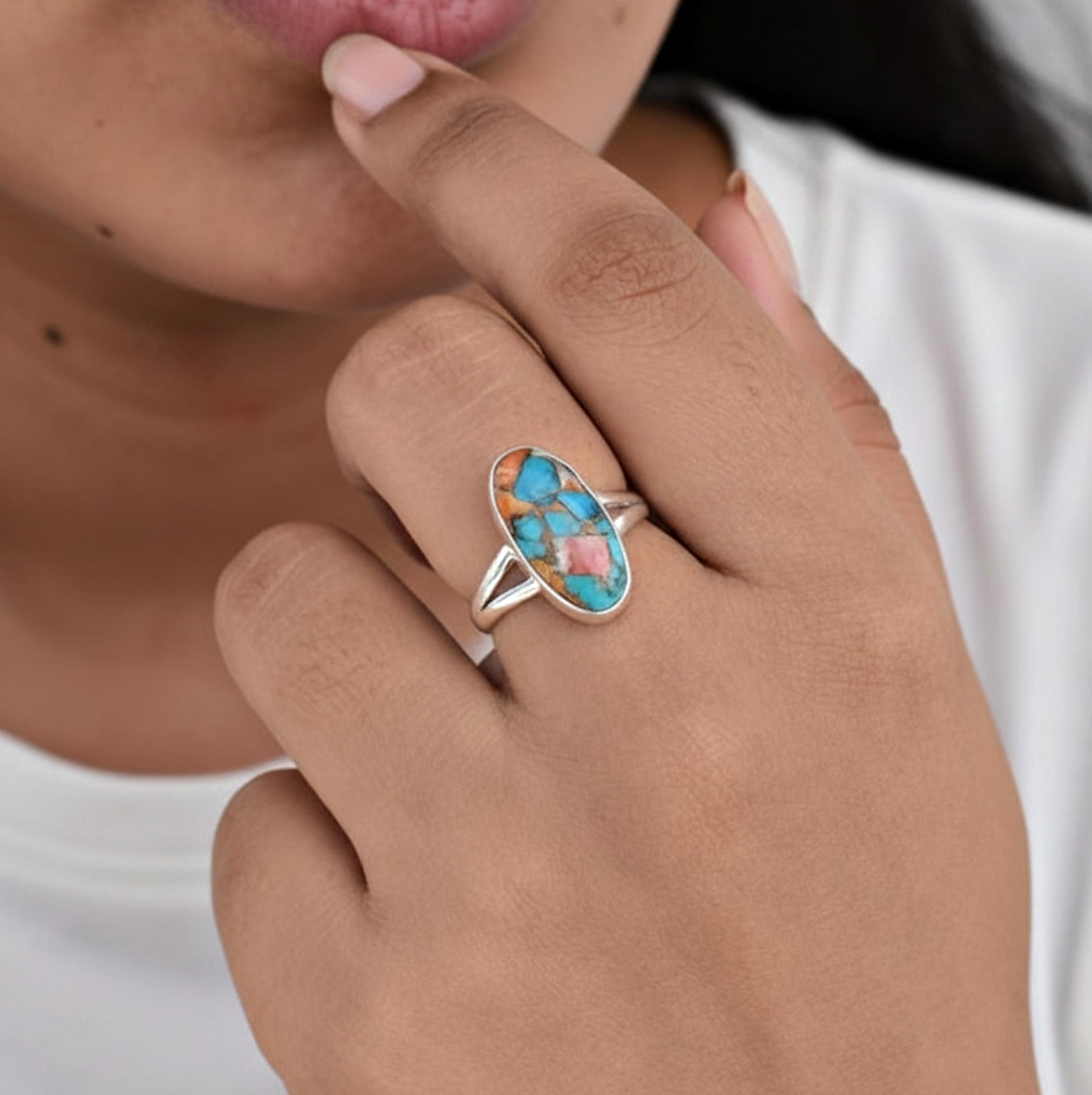 

Oyster Turquoise Stacking Ring, 925 Sterling Silver, Minimalist Statement Ring, Multicolor Gemstone Ring 12 срібний