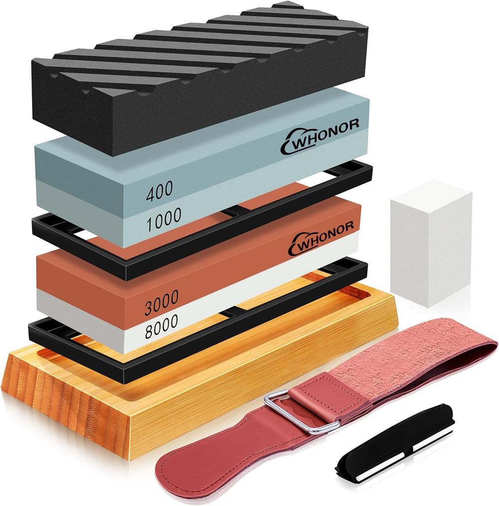 Whonor Knife Sharpening Whetstone Set with and Finishing Bamboo Correction and Blade Angle Aid Fixing Ideal for Finishing Kitchen Gardening Camping