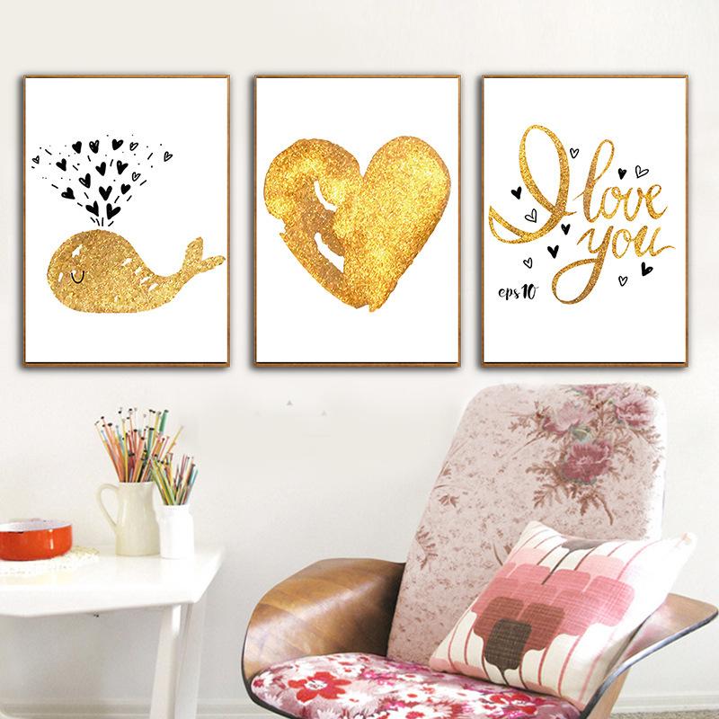 

Симпатичный золотой кит удар любовь сердце плакат детская стена искусство холст минималистичная скандинавская живопись картина декор детской комнаты