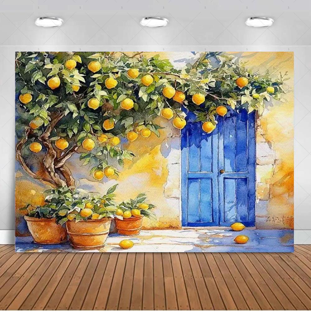 

Seaside Town Lemon Tree Background Banner Open Window Landscape Backdrop Supplies Photography Prop Birthday Party Decorations 120X90CM