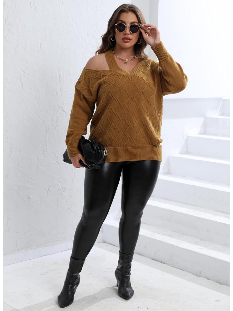 Women's Plus Size Off-the-Shoulder Knit V-Neck Sweater - Autumn & Winter Collection