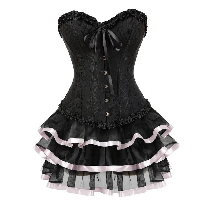 Caudatus Corset Plus Size Dress Skirts Set Tutu For Women Party Bustiers Costume Sexy Lace Up Vintage Corselet Clothing Black