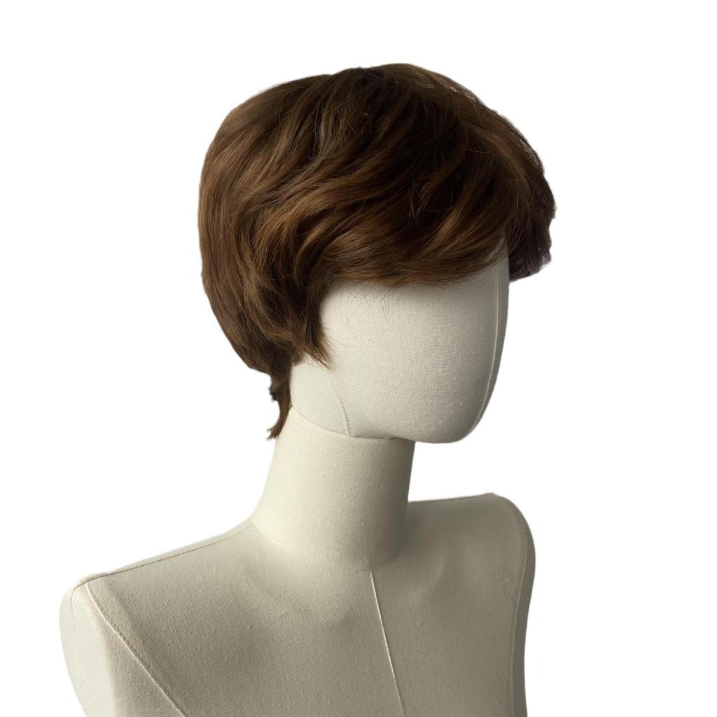Men Synthetic Gray Wigs with Bangs Short Layered Wave Black Hair Daily Party Cosplay Brown Wig Heat Resistant Fibre