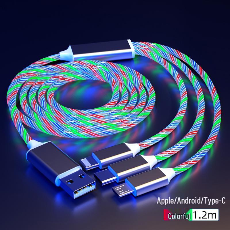 Three-in-One Fast Charging Cable with Flowing LED Lights for Android, iPhone, and Type-C - Seven-Color Night Light