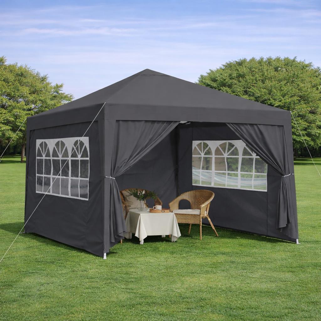 Gazebo Pieghevole 3 x 3 m, impermeabile, robusto e resistente all'inverno, con 4 pareti laterali e 4 sacchi di sabbia, protezione UV 50+, pieghevole, telaio in acciaio (nero)