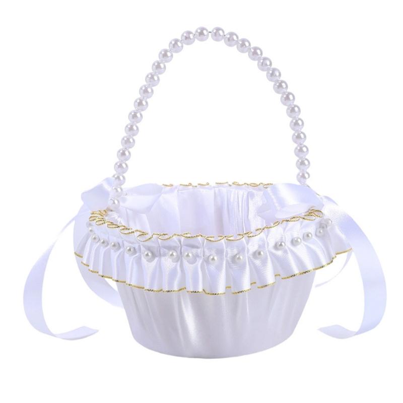 Elegant White And Gold Wedding Decorative Basket For Bridal Ceremonies Parties Decors Durable Fabric Storage Container