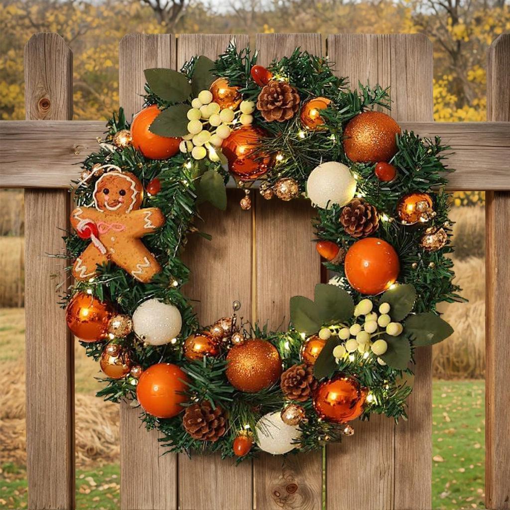 Outdoor Christmas Wreath 15.7 Inch Farmhouse Gingerbread Wreath With Lights For Home Realistic Holiday Decor For Entrance Front
