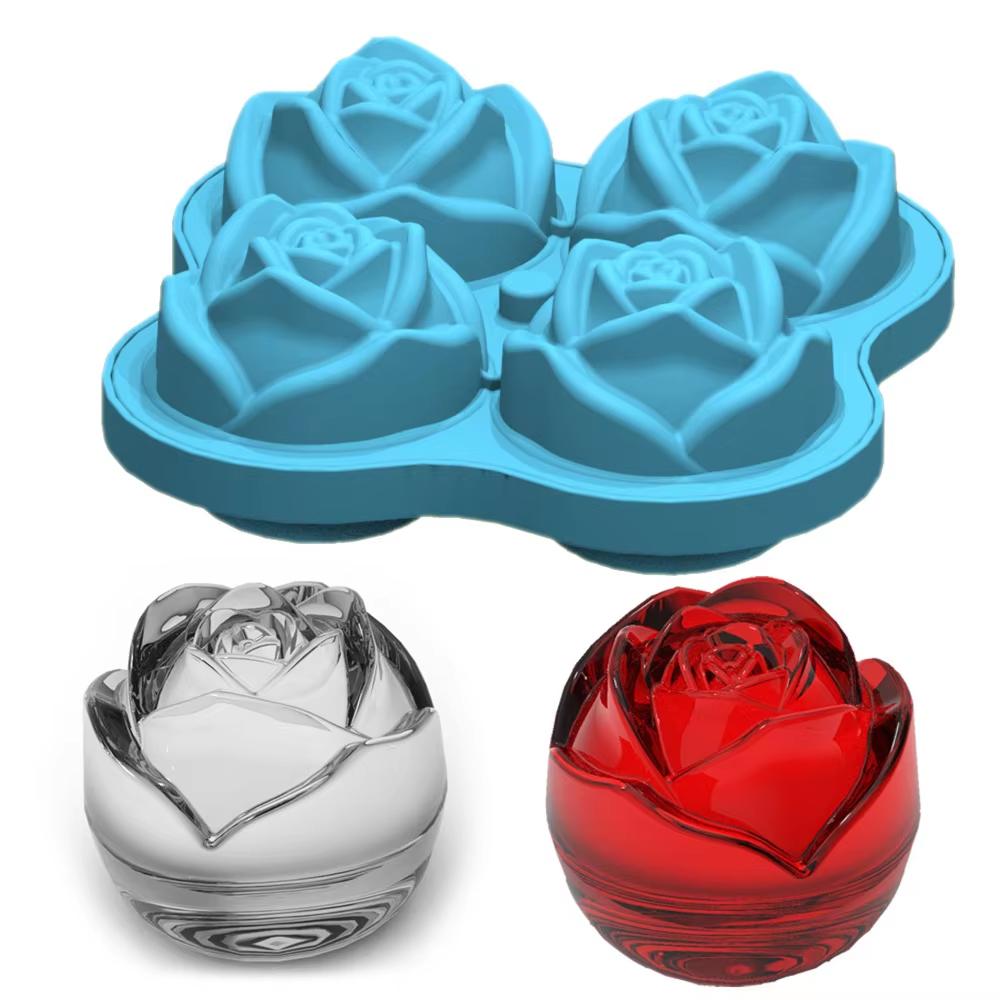 Ice Cube Tray, 2.5 Inch Rose Ice Cube Trays, 4 Cavity Silicone Rose Ice Ball Maker Mold, Easy Release Large Ice Cube Mold