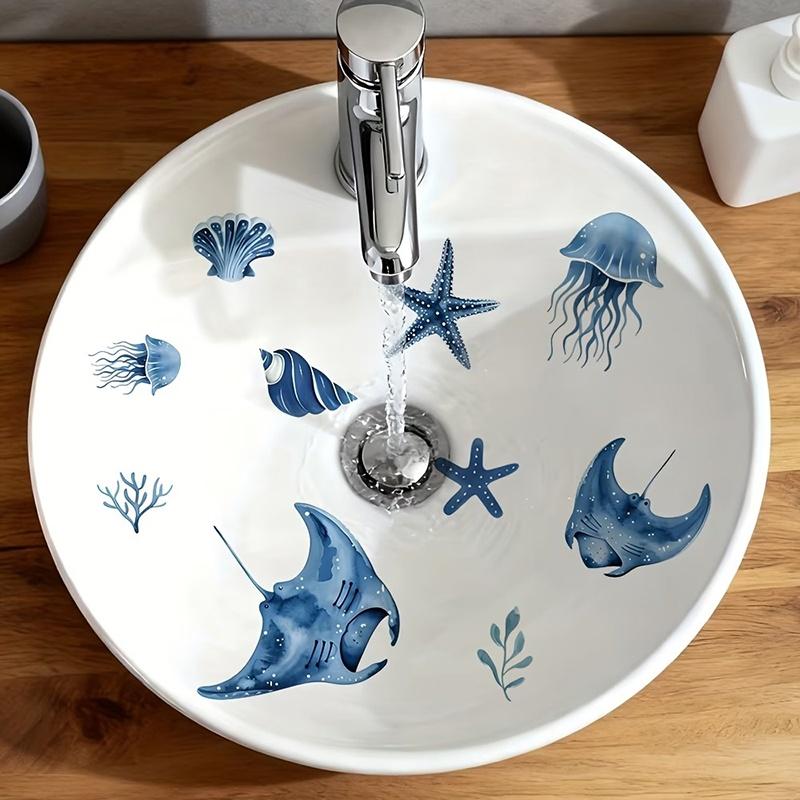 Blau Ton Meeresleben Glasaufkleber Badezimmer Waschbecken Dekorativer Aufkleber Wandaufkleber Selbstklebend Abnehmbar Hausdekoration
