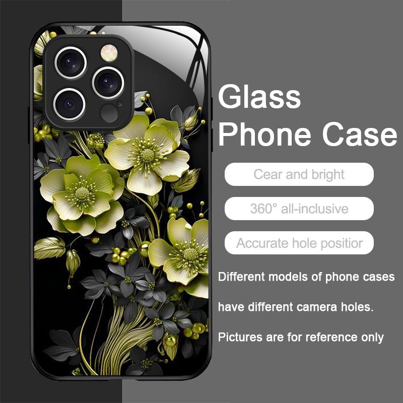 Elegante Custodia in Vetro Temperato con Motivo Fiore di Loto per iPhone 17 16 Pro Max 15 14 13 12 Mini 11 X XS MAX XR 7 8 Plus Cover