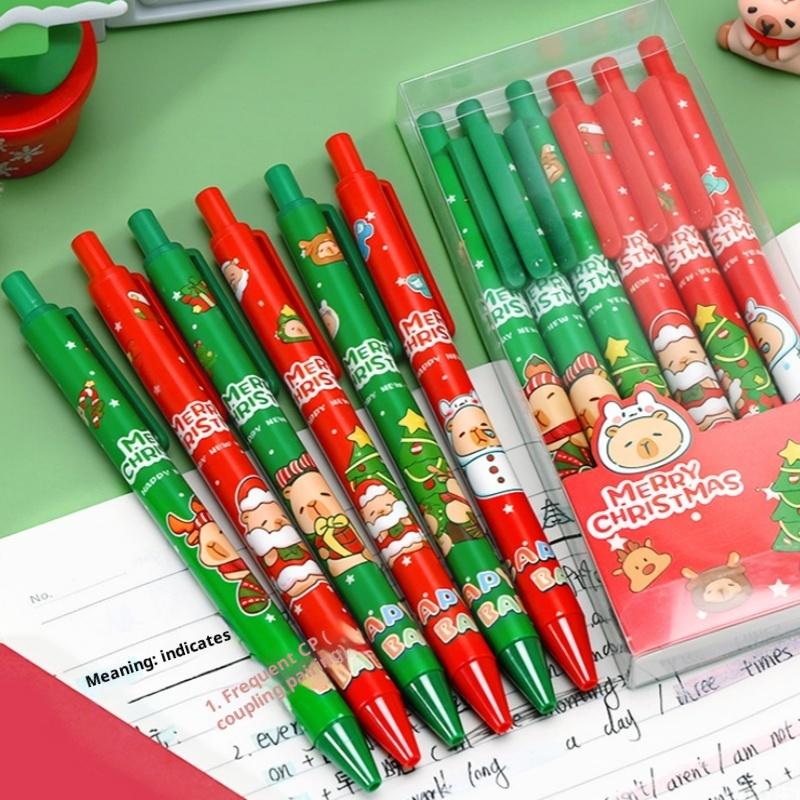 6 Stück/Set Niedliche Weihnachtskaribara Stifte Cartoon Weihnachtsmann Schneemann Elch Drück-Gelschreiber Büro Schulbedarf Weihnachtsgeschenke