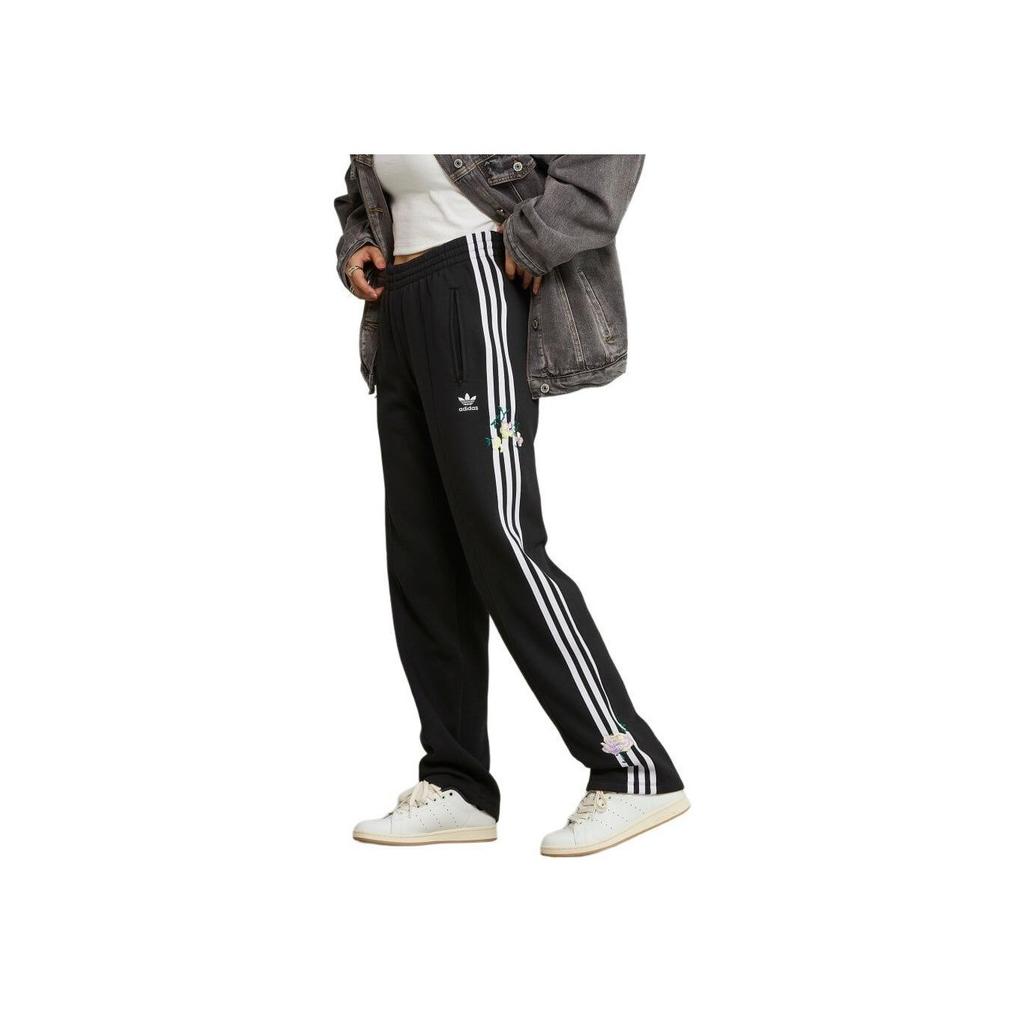 adidas Originals Logo Stripe Embroidered Elastic Waist Straight Leg Vintage Sports Knit Pants Women Pants Black IJ7086