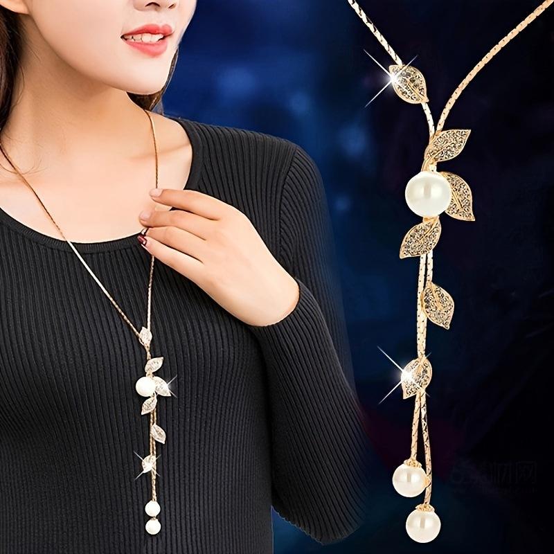 Long Tassel Chain Leaves Pendants Necklace For Women Trendy Crystal Pearl Sweater Chain Accessories On Neck Fashion Jewelry Female