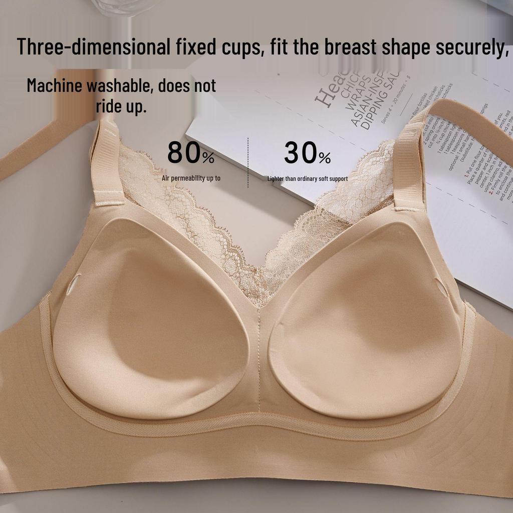 Lace Satin Gather Bra for Large Busts - Minimizing, Seamless, Comfortable, Wire-Free, Fixed Water Drop Cup